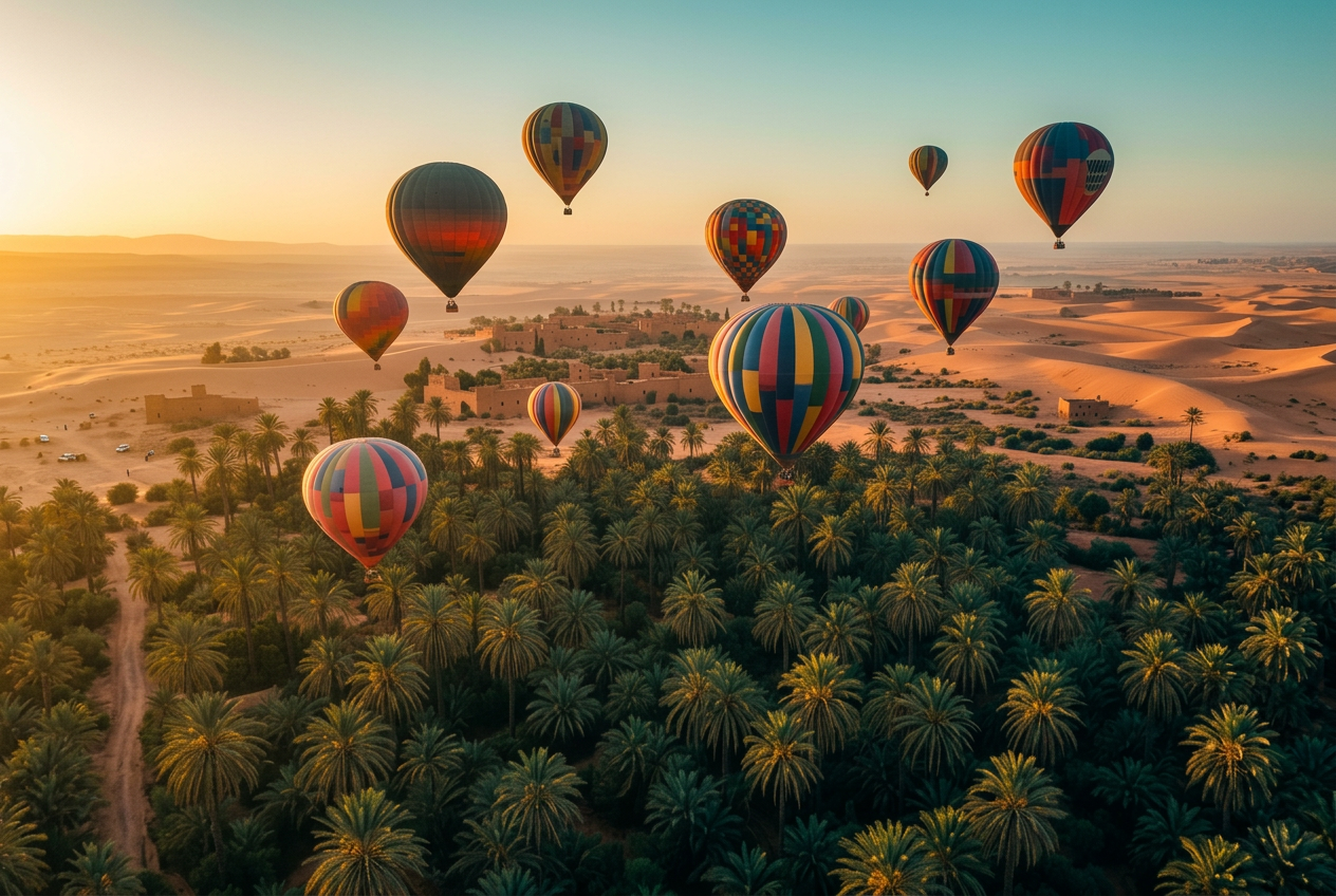 Hot air balloons over Marrakech Palmeraie at sunrise