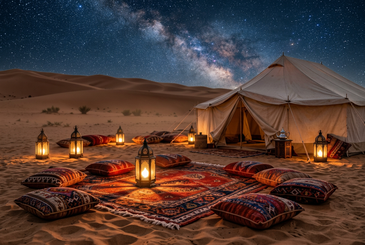 Luxury Berber camp under starry desert sky