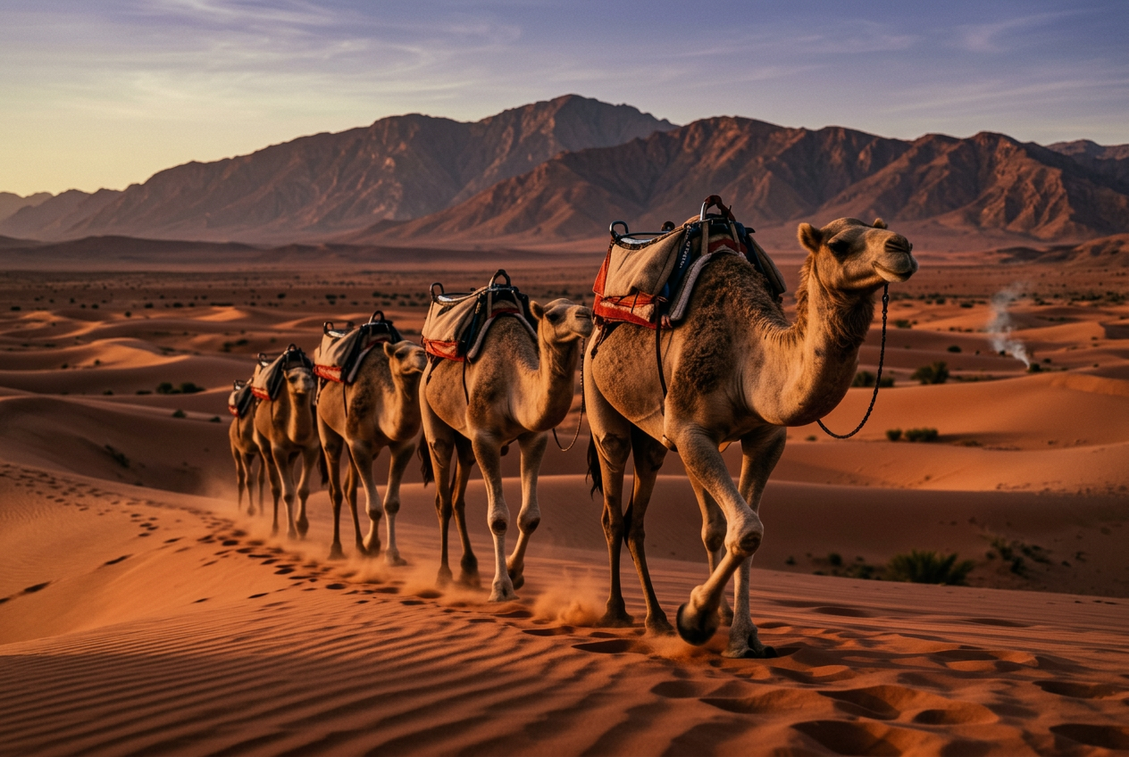 Camel caravan crossing desert with Atlas Mountains