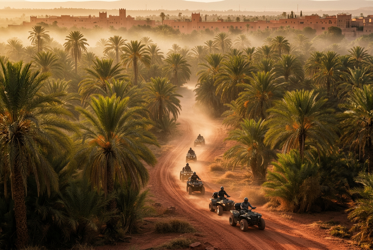 Quad bikes on trail through Palmeraie palm groves