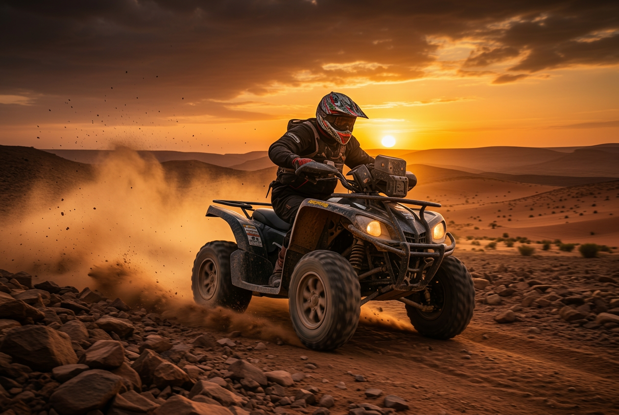 Action shot of quad rider in rocky Agafay terrain