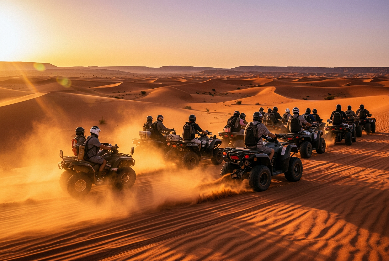 Quad bikes racing through golden desert dunes at sunset